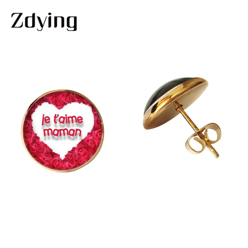 ZDYING Je Tɺime Papa et Maman серьги-гвоздики стеклянные кабошоны французские серьги с