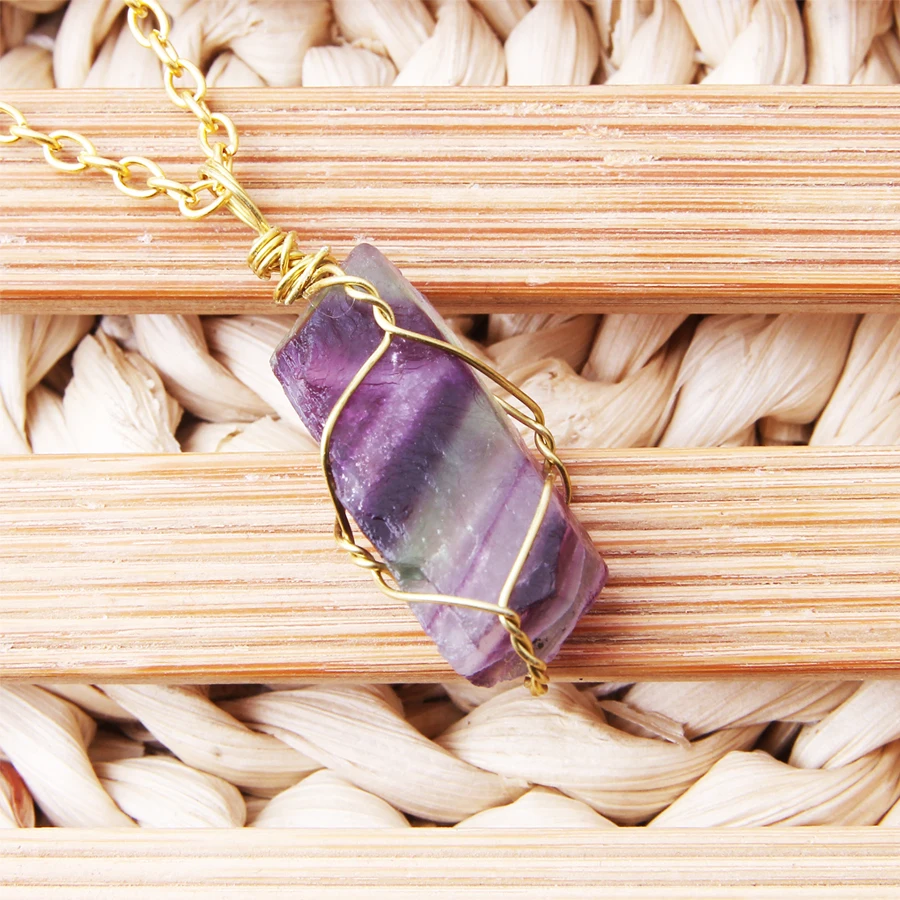

Natural New DIY Gold wire Gem Stones Crystal Fluorite Necklaces&Pendants Irregular Tourmaline Yellow Purple Pink Quartz Pendulum