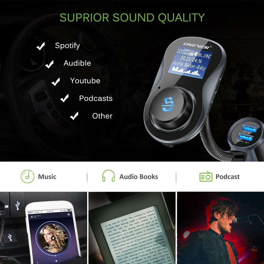 Onever QC 3 0 USB зарядное устройство с двумя портами Bluetooth FM-передатчик автомобильный