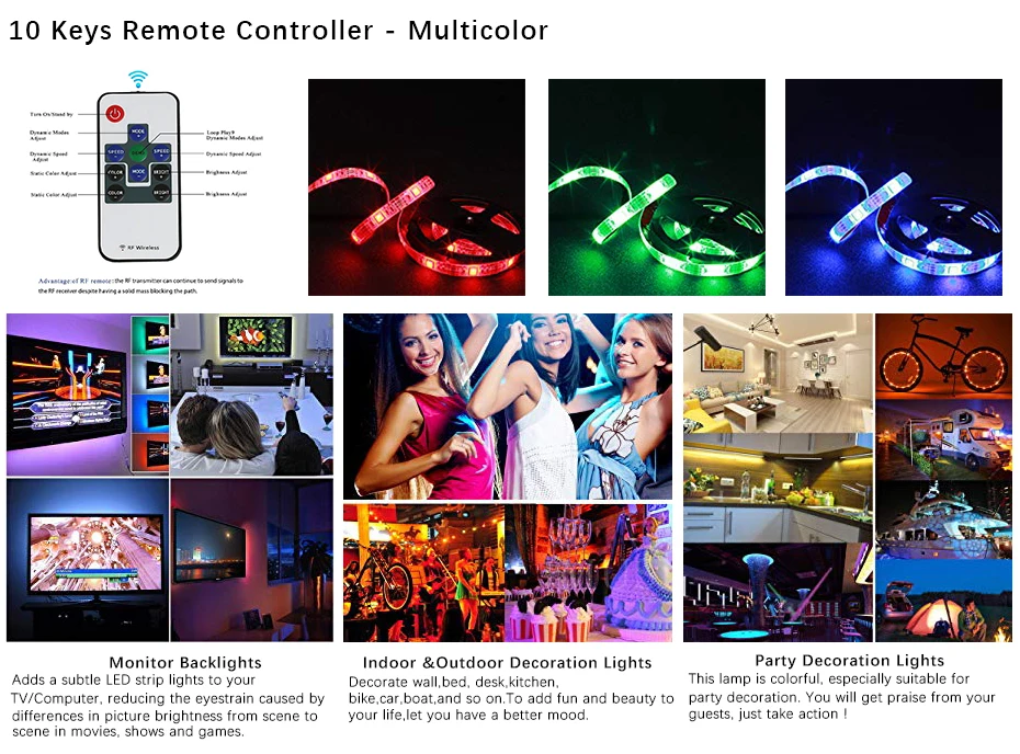 USB Светодиодная лента DC5V с регулируемой яркостью, водонепроницаемый RGB 5V SMD 5050, 10 кнопок, Радиочастотный пульт дистанционного управления, ТВ-фон, красочный светильник для компьютера