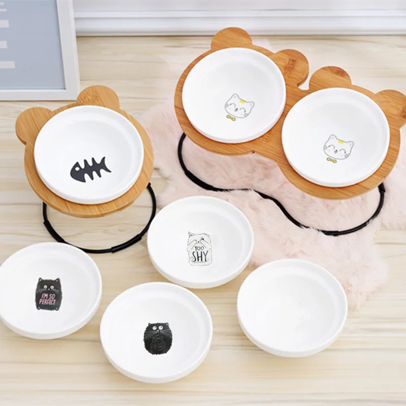 

New High-end Pet Bowl Bamboo Shelf Ceramic Feeding and Drinking Bowls for Dogs and Cats Pet Feeder Cat Food Bowl