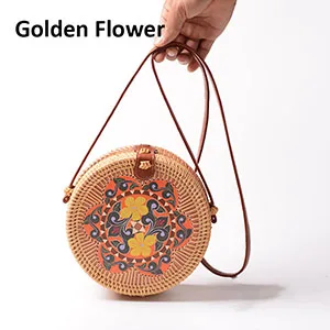 Golden Flower Женские сумки из ротанга с цветочным принтом, Пляжная винтажная сумка через плечо, женская Соломенная круглая Сумка-слинг B126 - Цвет: Golden Flower