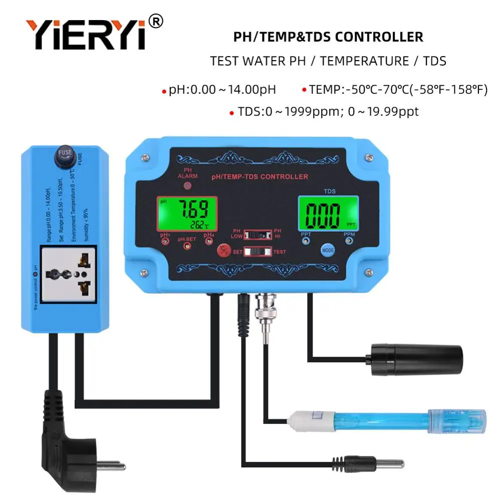 Yiertrii 3 в 1 pH/TDS/TEMP датчик качества воды pH контроллер с электродом BNC Тип зонд тестер качества воды для аквариума