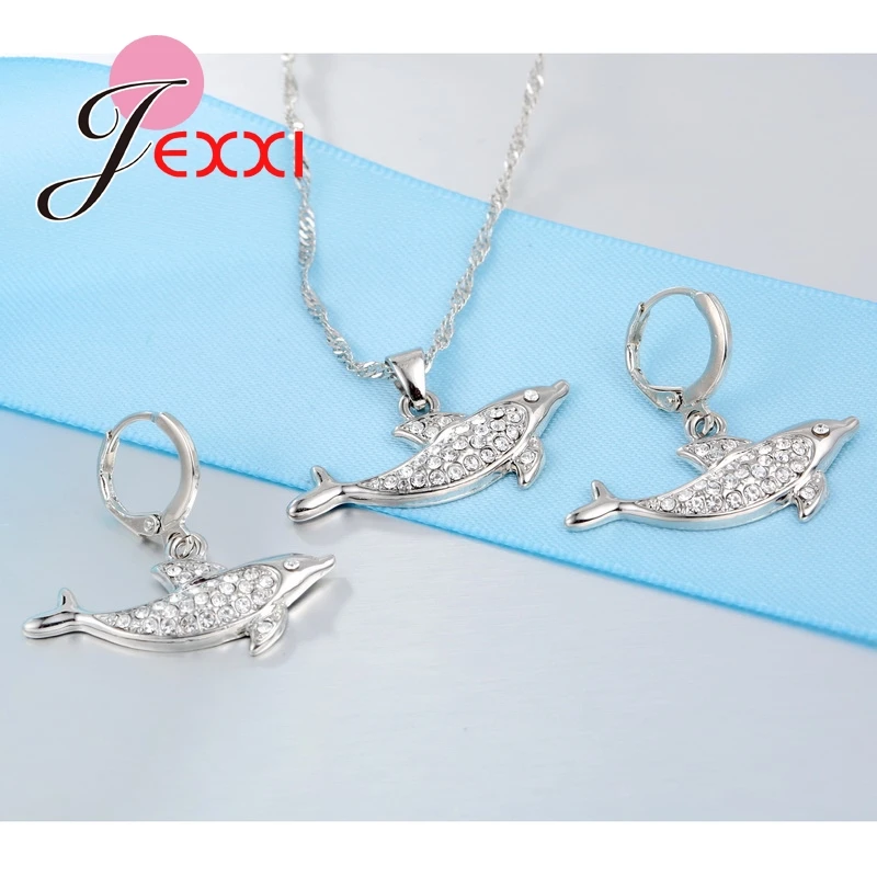 Female Best Gifts Cute 925 Sterling Silver CZ Crystal Stone Dolphin Earring Necklace Sets Women Girl Party Accessories | Украшения и