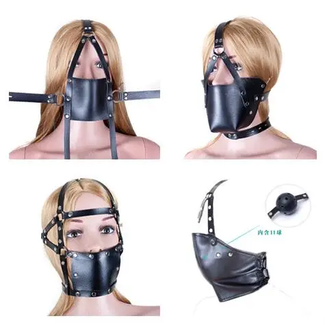 Ошейник-затычка для рта из черной искусственной кожи с маской от плевка на всю голову, фиксацией и эротическими игрушками в 4 стилях.