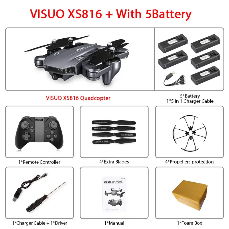 XS816 5B Foam Box Visuo XS816 оптическое позиционирование потока Rc Квадрокоптер с двойной камерой 2mp Wifi FPV Дрон управление жестами Дрон Vs XS809HW XS809S - Цвет: XS816 5B Foam Box