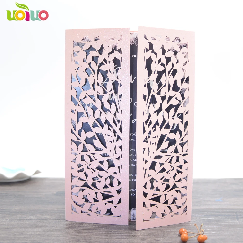 

Popuar laser cut leaves blush wedding cards 50sets customized printed wedding invitation cards with ribbon