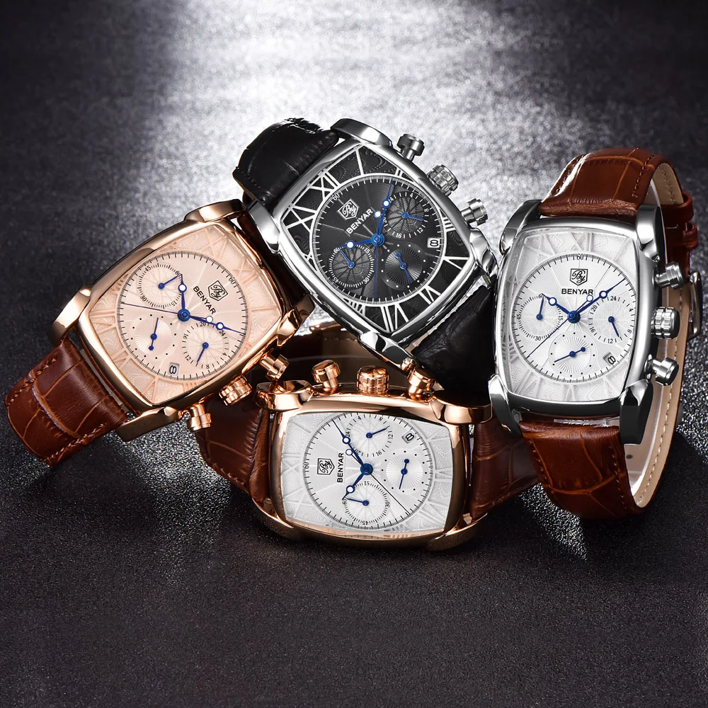 

BENYAR Classic Rectangle Watches Fashion Sport Chronograph Men's Watches Waterproof Genuine Leather Strap Luxury Quartz Watch