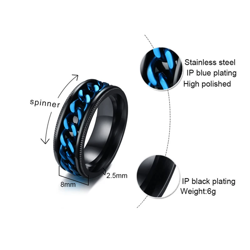 Men 8mm Width Black Ring Punk Stainless Steel Blue Rotable Chain Titanium Spinner Sport | Украшения и аксессуары