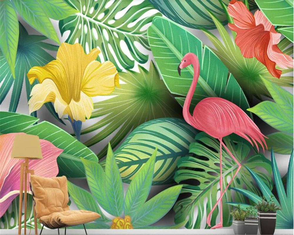 Обои beibehang papel muralModern ручная роспись акварель Тропическое растение Фламинго фон