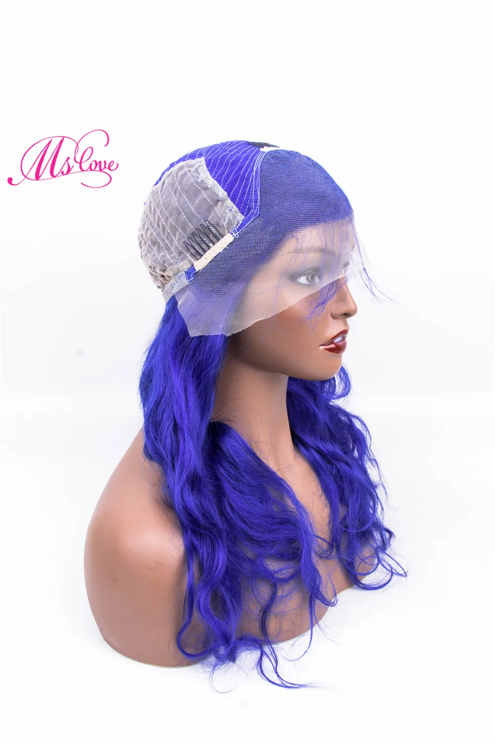 Предварительно цветной синий парик фронта шнурка волнистые человеческие волосы