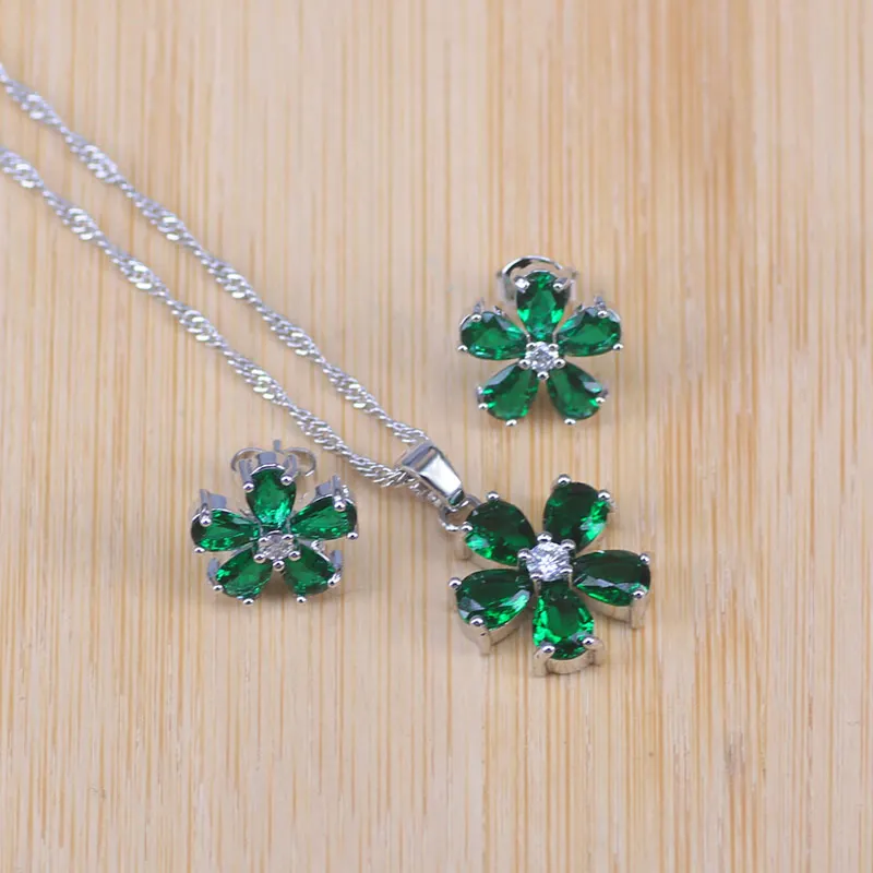 green Серебро 925, комплект ювелирных изделий для женщин, цветок небесно-голубого цвета, кубический цирконий, набор, модные ювелирные изделия, кулон, серьги, ожерелье, набор - Окраска металла: green