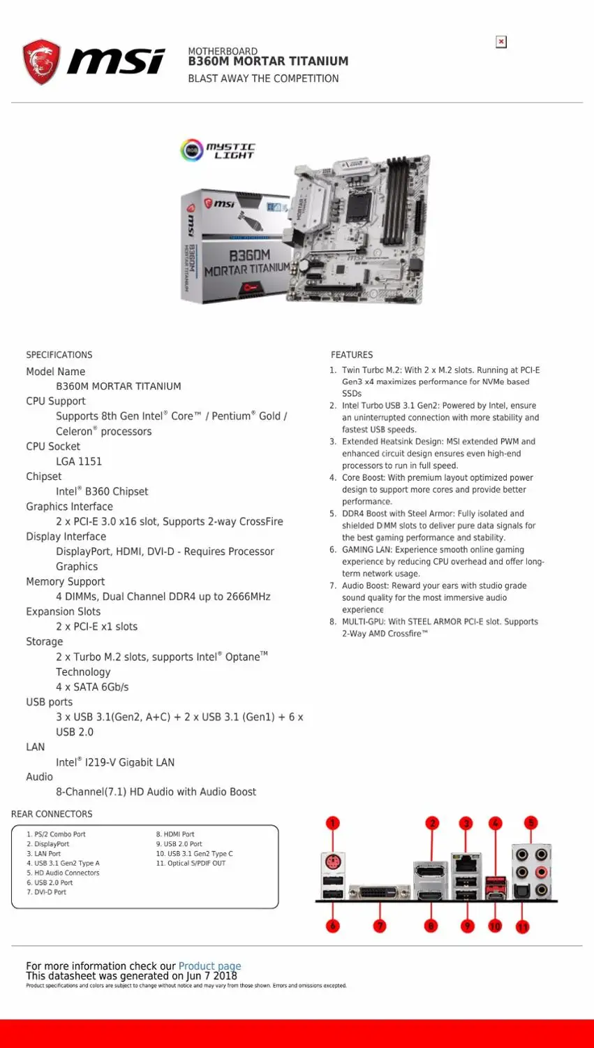 Материнская плата msi B360M Ступка Титан 64 Гб 4 * SATA 6 ГБ/сек. LGA1151 8 Channel7.1 HD аудио DDR4 2666HMz