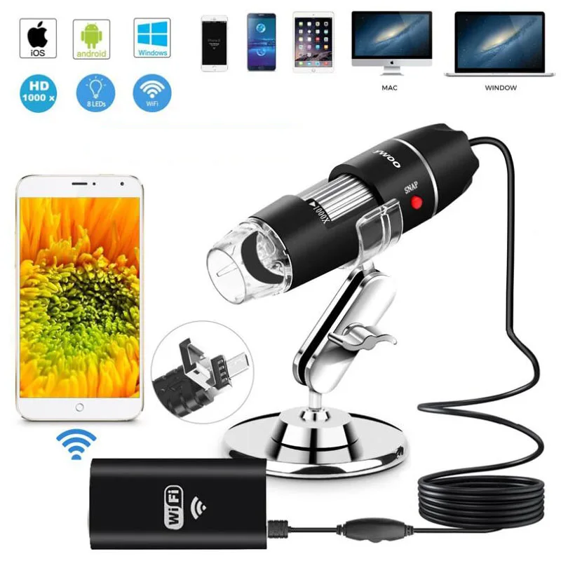 

2 in 1 WiFi Microscope 1000X 8 LED Digital Microscope Electronic Stereo USB Endoscope Camera Microscope For Android / IOS