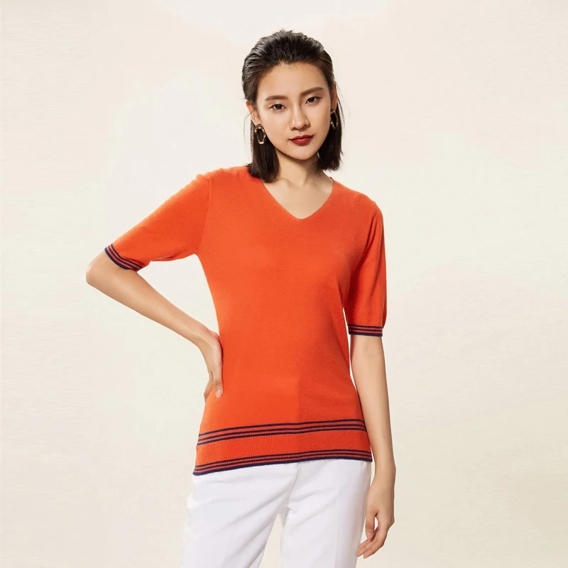 High Quality Spring Autumn Ladies V-Neck Cashmere Sweater Short Sleeve Knitted Pullover Women Stripe Thin Jumpers Smooth Soft | Женская