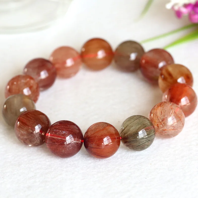 

High Quality Natural Rainbow Red Green Yellow Orange Hair Rutile Quartz Stretch Men Bracelet Round Loose Big beads 16mm