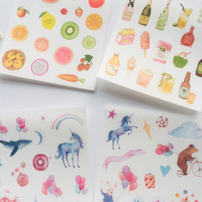 

2 Sheets /Pack Unicorn Delicious Food Washi Paper Adhesive Stickers Stick Label Decoration Stickers