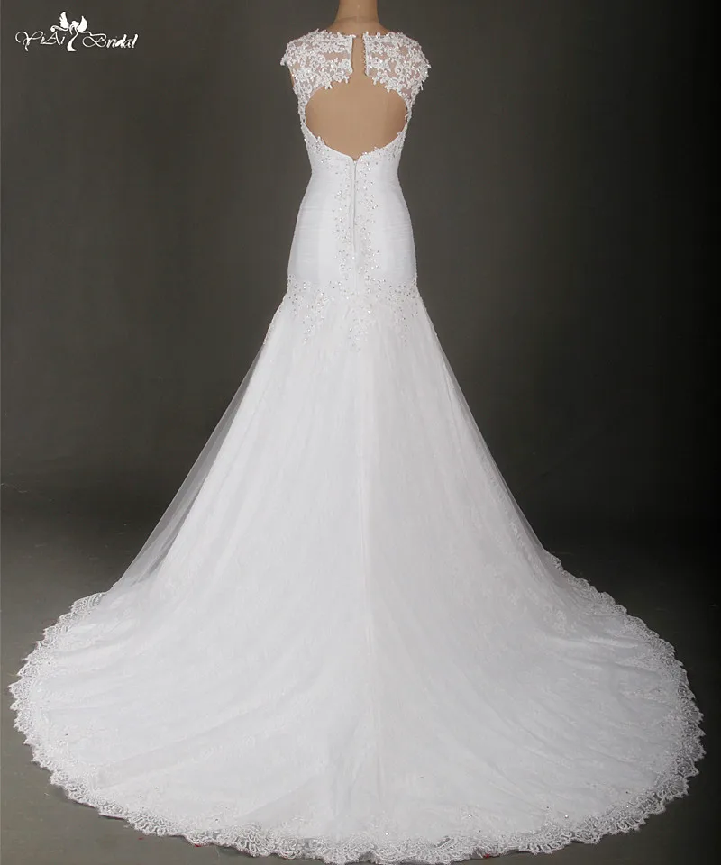 Белые кружевные свадебные платья Русалочки с рукавами крылышками и открытой