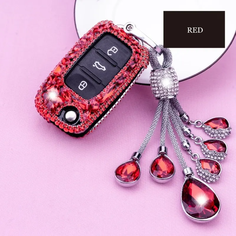 RED SET Новинка, роскошный Алмазный брелок для ключей, чехол для ключей автомобиля/чехол для ключей для Volkswagen Polo Passat Tiguan Bora, подарок - Название цвета: RED SET