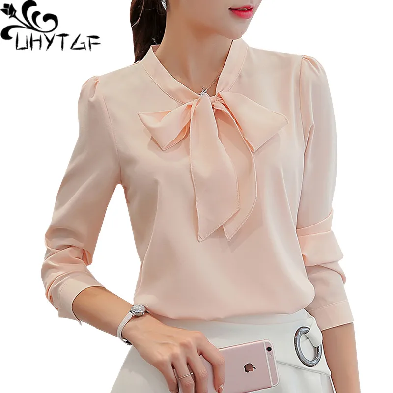 

UHYTGF Spring Summer Blouse Women White Bow Pullover Fashion Chiffon Blouses Female Pure Color Wild Slim Big Size Shirt Top 227
