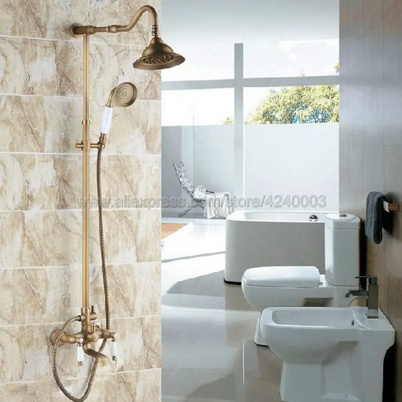 

Wall Mounted Bathroom Shower Faucet Sets Double Handle Tub Mixer Tap with Hand Shower Antique Brass Krs112