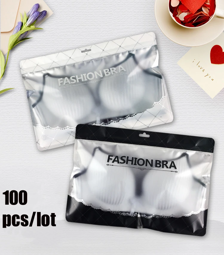 

100Pcs/lot High-quality Clear Front Back Black Slide Zipper Packaging Bag Reclosable Women Bra Underwear Packing Gift Bag