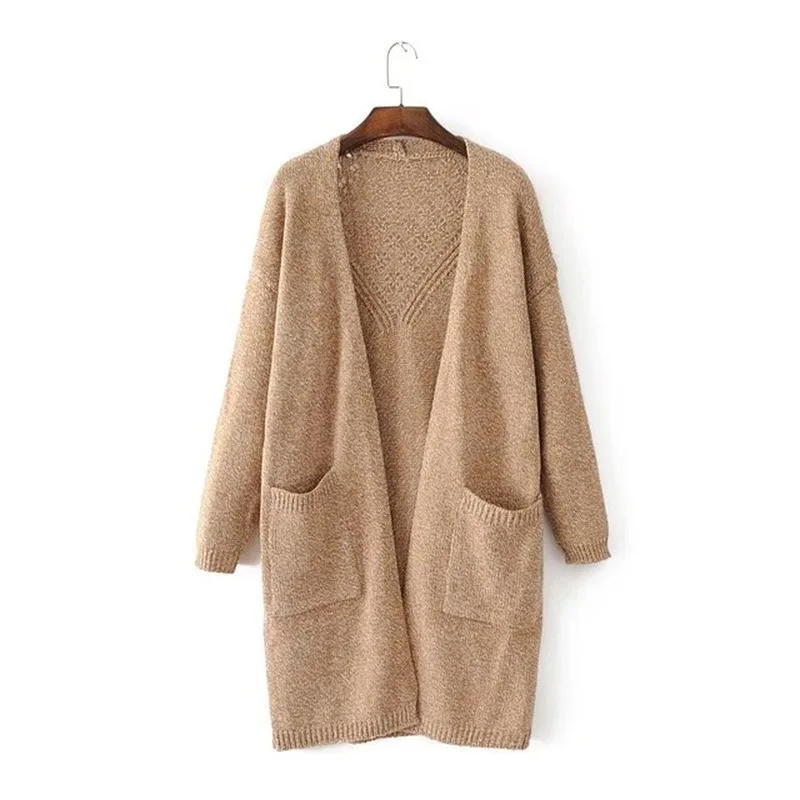 Women Slim Fit Knitted Sweaters Long Cardigan Autumn Winter Back Hollow Out Oversized Sweater Big Pockets |
