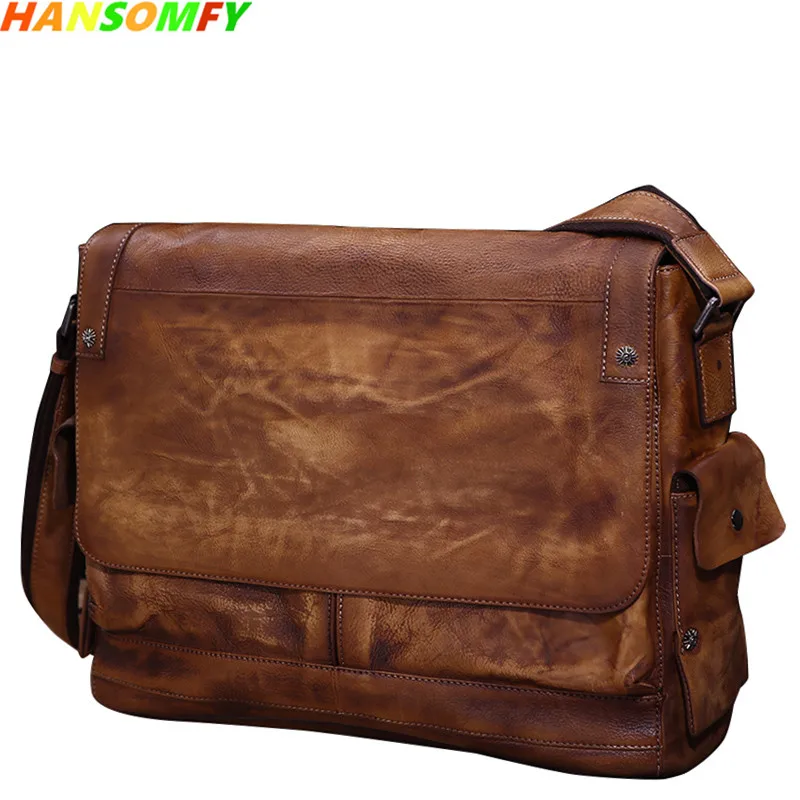 

Business Casual Leather Men's Bag Shoulder Bag Retro Messenger Bags Cross Section Vegetable Tanned First Layer Leather Mail 15"