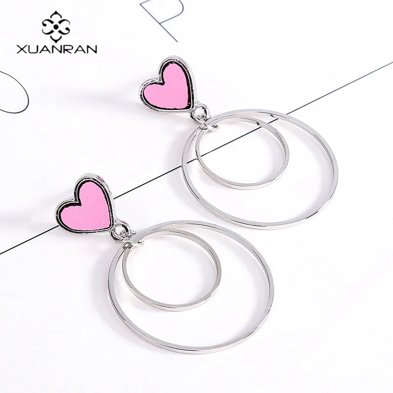 Черный/розовый двойной круг Малый персик сердца серьги творчески Серьги женский