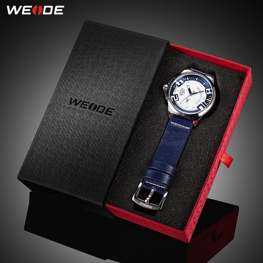 WEIDE Роскошные кожаные мужские Аналоговые кварцевые часы с календарем спортивные