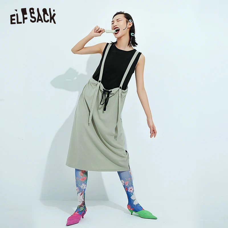 Женское свободное платье ELF SACK цвет хаки винтажное хлопчатобумажное с завязками