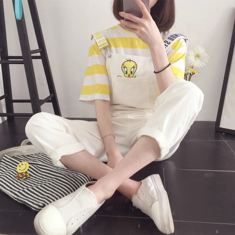 Новые модные женские комбинезоны Kawaii С мультяшным принтом, женский комбинезон с карманами, женский комбинезон ярких цветов, студенческий стиль, женские комбинезоны