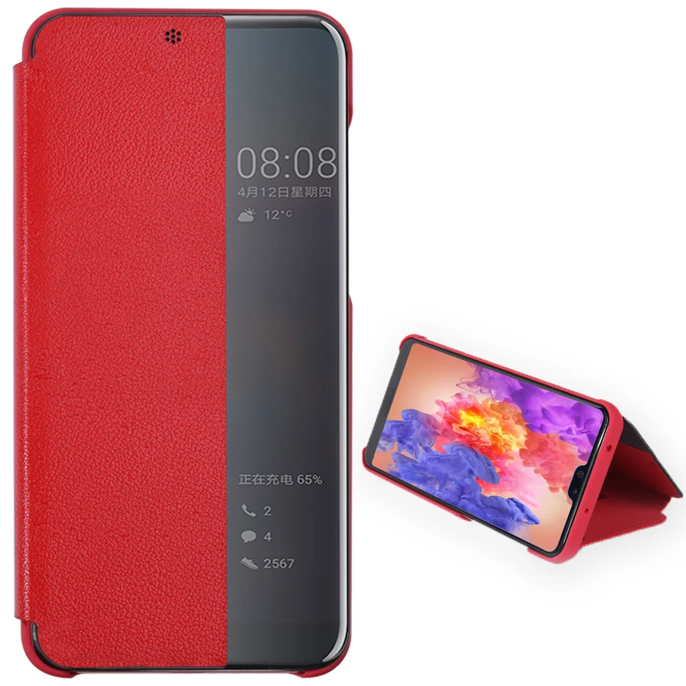 Чехол для HUAWEI P20,, роскошный, из натуральной кожи, флип-кронштейн, подставка, чехол для HUAWEI P20 Pro, чехол, смарт-окно, подставка, чехол - Цвет: Красный