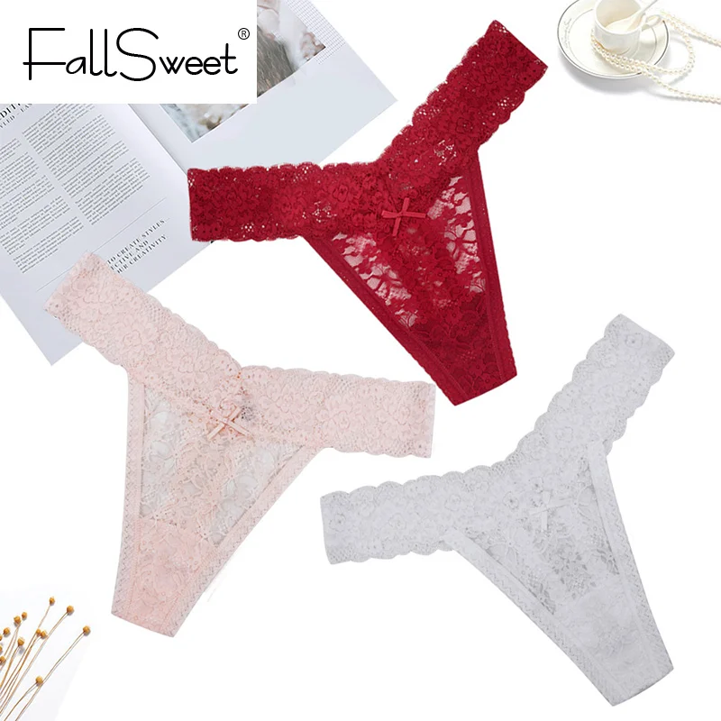 Женские кружевные стринги FallSweet черные белые трусики нижнее белье размеры от S до