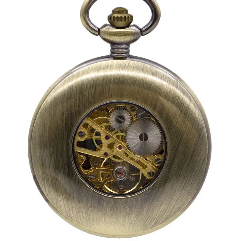 Bronze Mechanical Pocket Watch Solid Wood FOB Chain Roman Dial Hollow Steampunk Skeleton Mens Womens Clock Watches PJX1396