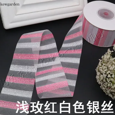 rose red white slive Kewgarden Wholesale Rainbow Stripe Lace Snow Gauze Ribbons 38mm 1.5" Gold Sliver Line Handmade Tape DIY Bowknot Accessories 25Y - Цвет: rose red white slive