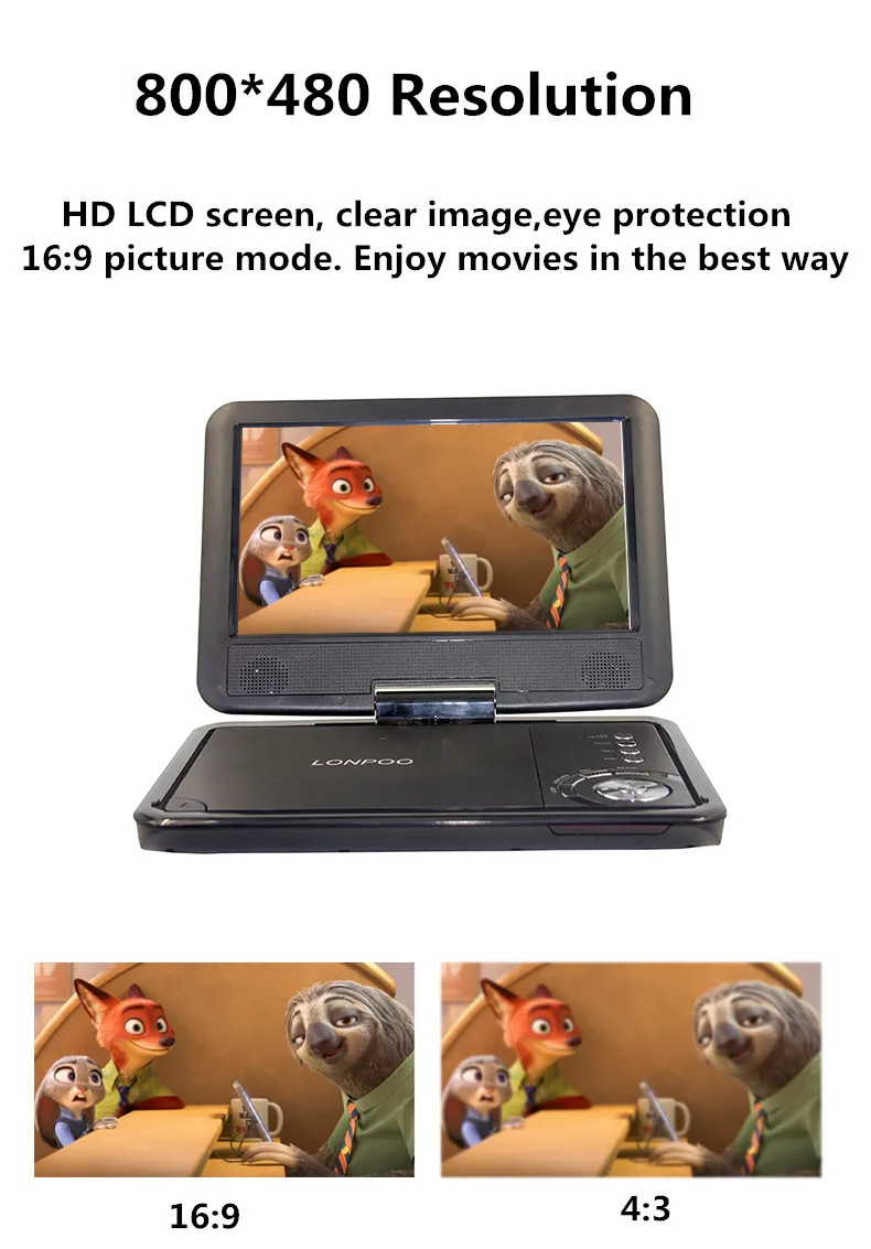 LONPOO 9 дюймов Портативный DVD плеер поворотный Экран/VCD/компакт-дисков MP3 dvd-плеер USB SD карты RCA ТВ кабель игры автомобиля Зарядное устройство DVD плеер