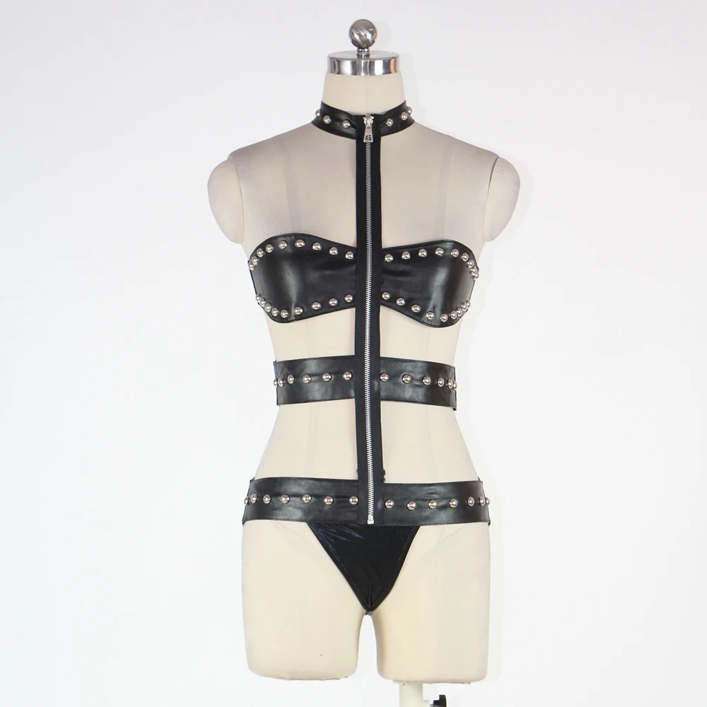 Черный Связывание Белье боди сексуальные экзотический Фетиш Babydolls Молния винил