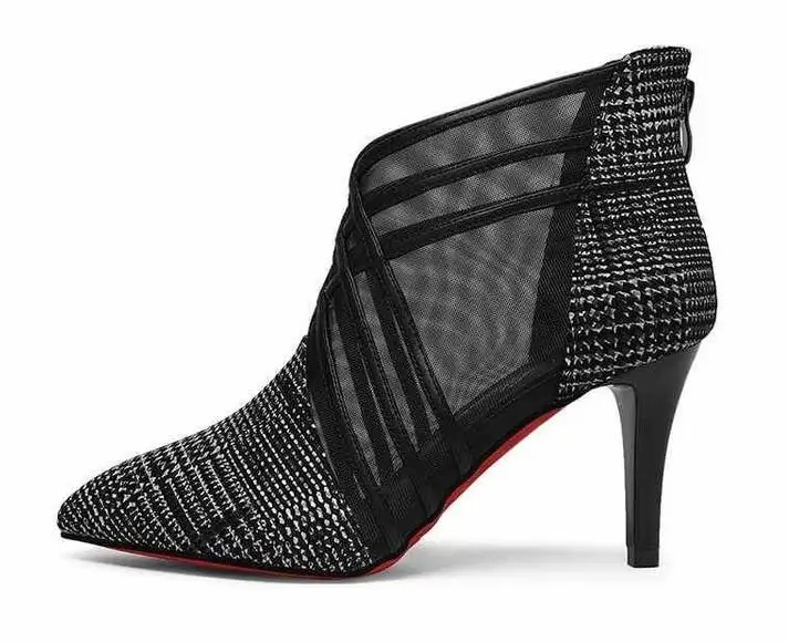 Новинка года; сезон осень-зима; сетчатые ботильоны с кружевом; полусапожки на высоком каблуке с острым носком; женские ботильоны на тонком каблуке; E977