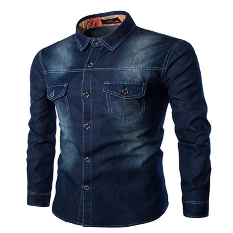 2016 Новая модная мужская джинсовая рубашка хлопковая приталенная брендовая