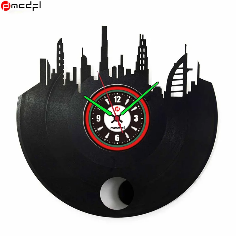 Домашние 12 дюймов Дубай дизайн черный LP виниловая запись настенные часы Mute LUMINOVA