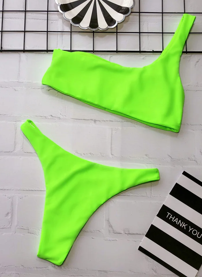 Karlofea Summer One Shoulder Asymmetric Bikini V Shape Thong Swimsuit Women Fashion Neon Green Pink Swimwear Sexy Chic Beachwear