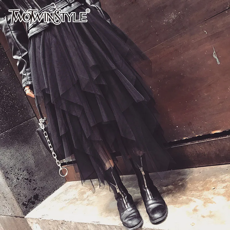 TWOTWINSTYLE сетчатая юбка для женщин эластичная высокая талия асимметричная