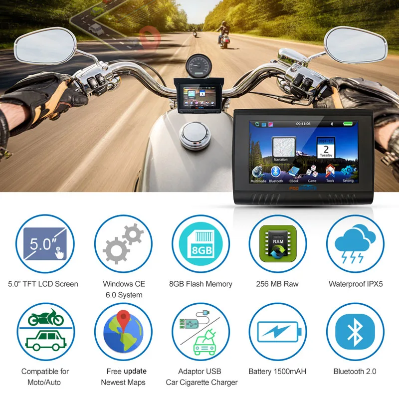 Fodsports 5,0 дюймов Bluetooth gps-навигатор для мотоцикла 256 Мб 8 Гб водонепроницаемый gps трекер навигатора бесплатные карты fm-передатчик