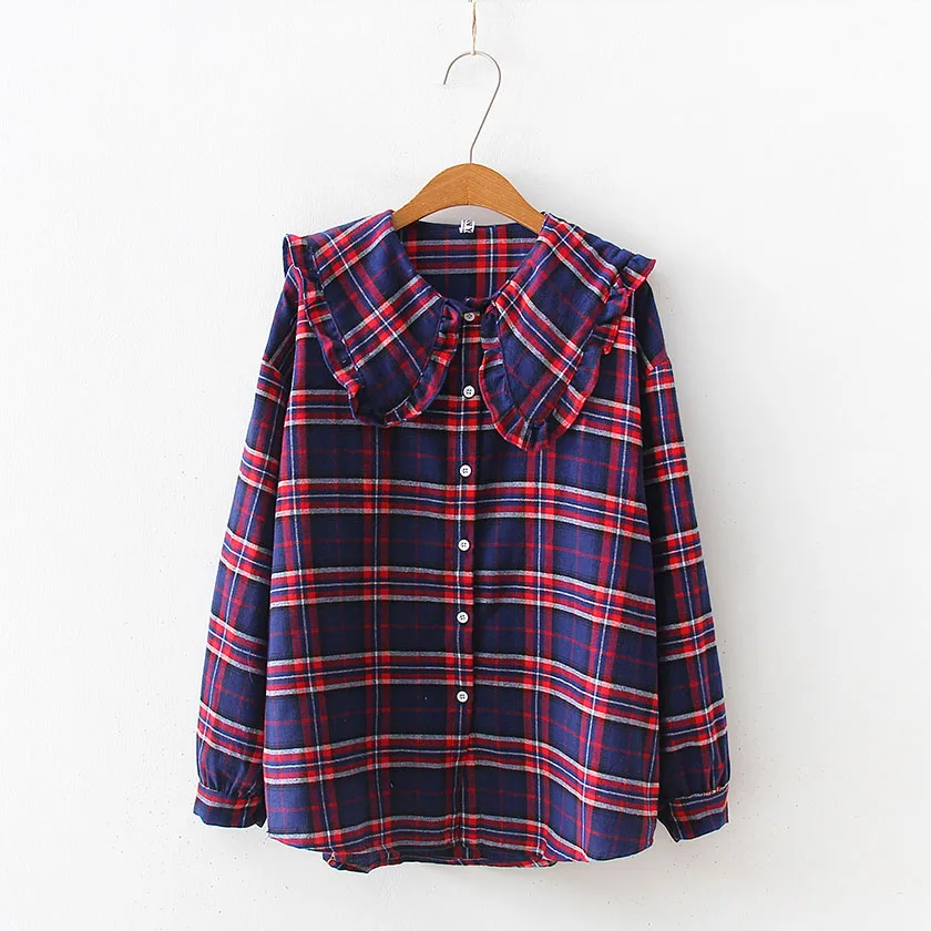 Dark Blue Plaid Новое поступление, Клетчатая блузка с рюшами и воротником в стиле Питера Пэна Милая одежда с рукавами-фонариками рубашка для девочек в стиле Mori топ свободного размера плюс в стиле ретро, T94101F - Цвет: Dark Blue Plaid