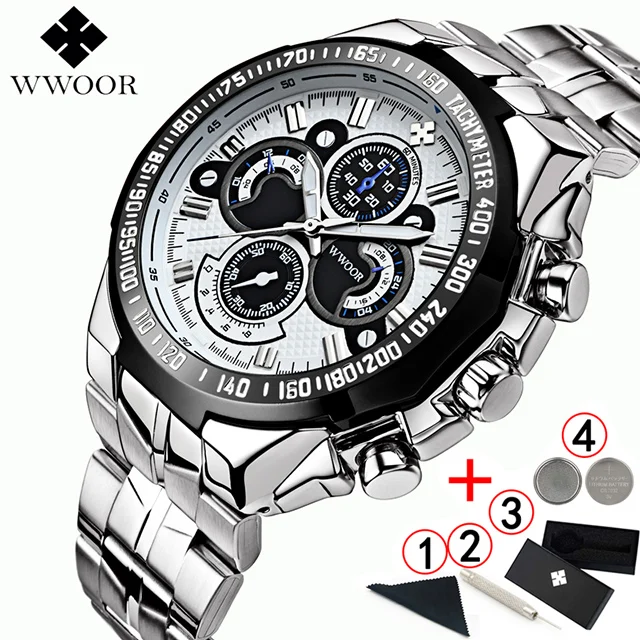 silver white box Мужские часы, мужские часы от ведущего бренда, роскошные часы WWOOR из нержавеющей стали, мужские военные наручные часы с большим циферблатом для мужчин s - Цвет: silver white box