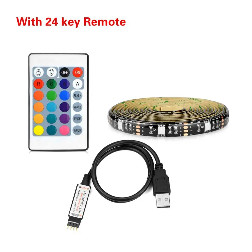 24Keys Controller Светодиодная лента RGB с подсветкой для телевизора, 5050, водонепроницаемая, 5 В, USB, светодиодный, лента, смещенное освещение для HD ТВ-экрана, настольный ЖК-монитор для ПК, Декор - Испускаемый цвет: 24Keys Controller
