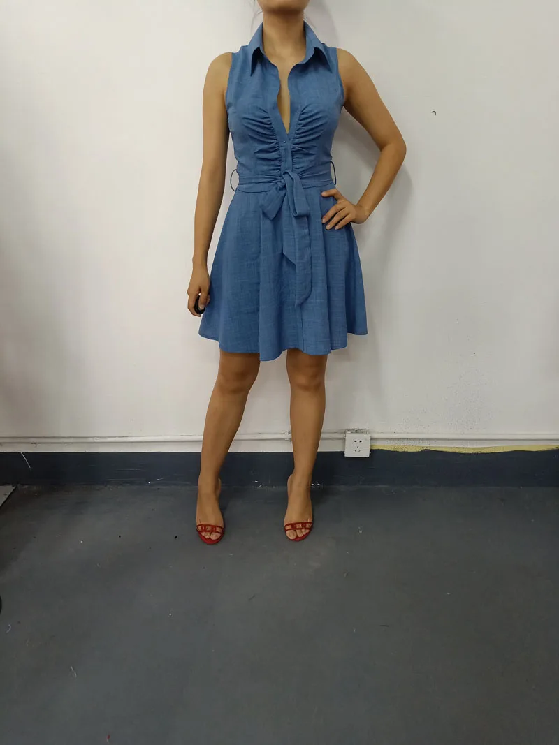 

Summer Denim Dress Sleeveless V-Neck Tie Waist Dress Casual Solid Above Knee Mini Holiday Denim Dress