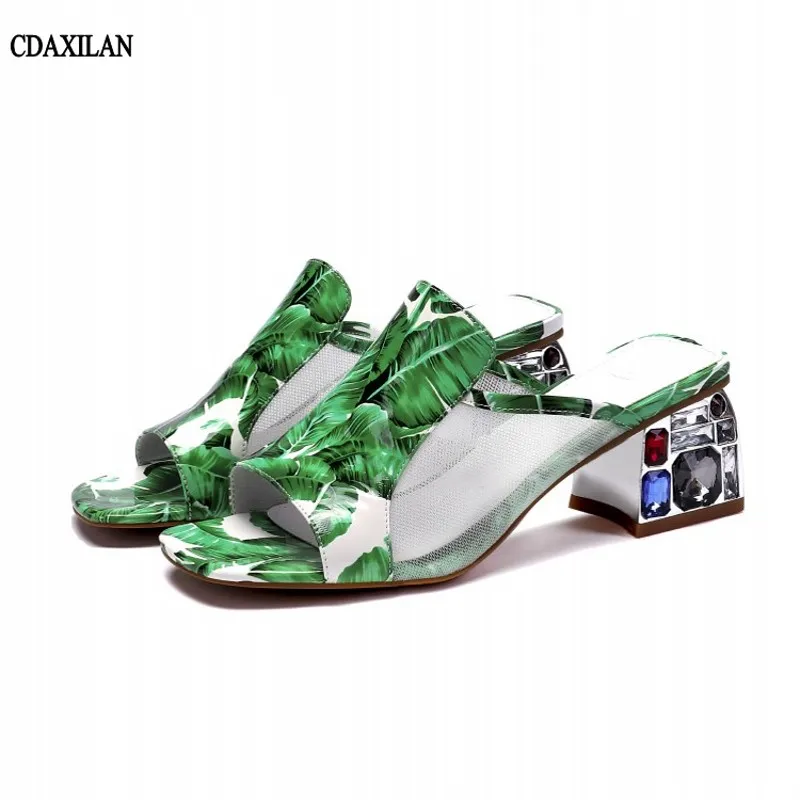 

CDAXILAN new arrivals slipper women fashion yellow green genuine leather square midddle heel flip-flops ladies girls summer shoe