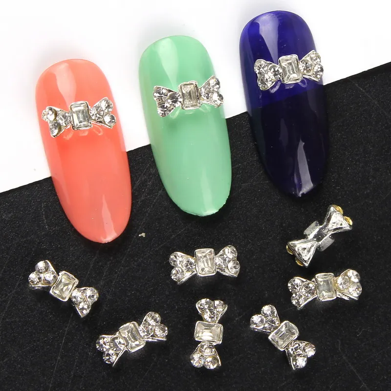 Elessical 10 шт./лот серебряный лук узел Дизайн ногтей Стразы Кристалл Сплав Nail
